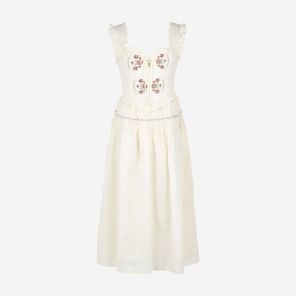 Moon River Cream Floral Embroidered Ruffle Midi Dress XS Cottagecore Boho Cotton